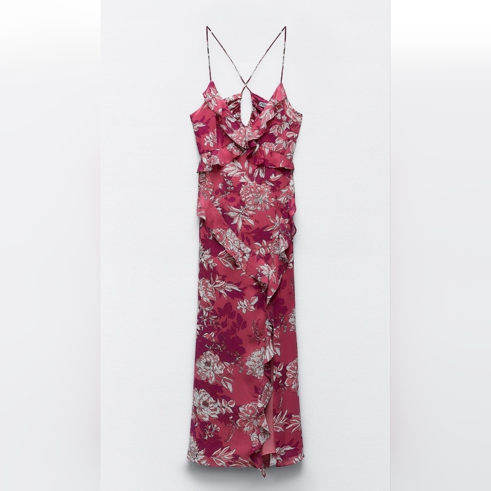 Zara Asymmetrical Floral Dress in Deep Pink
